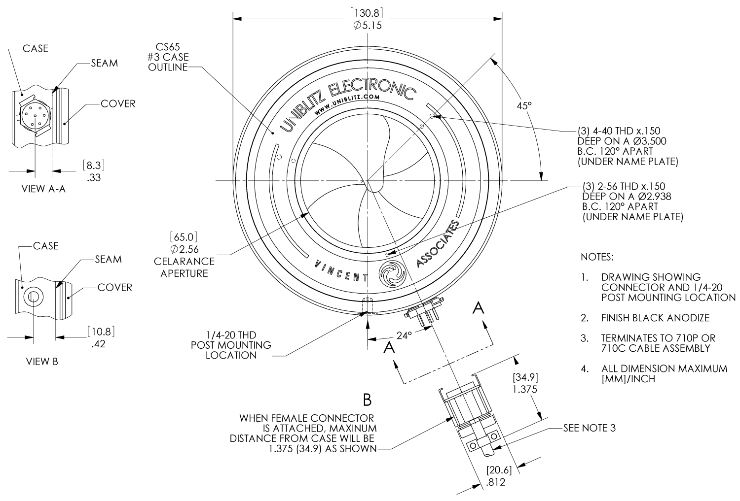 Uniblitz CS65 65mm Optical Shutter Drawing (Connector Layout)
