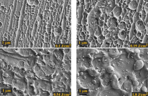 Electron microscope images of micro and nanostructures found within a material’s surface after application of femtosecond laser pulse